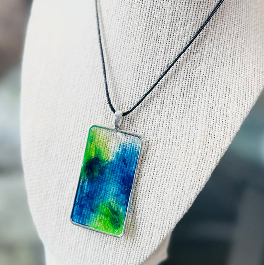 Green & Blue Silver Ink Pendant Necklace / Wearable Art / One of A Kind / Boho Chic / Gift