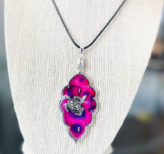 Pink Purple Ink Art /Turtle Pendant Necklace /Beach Inspired Jewelry / One of a kind/ Boho Chic