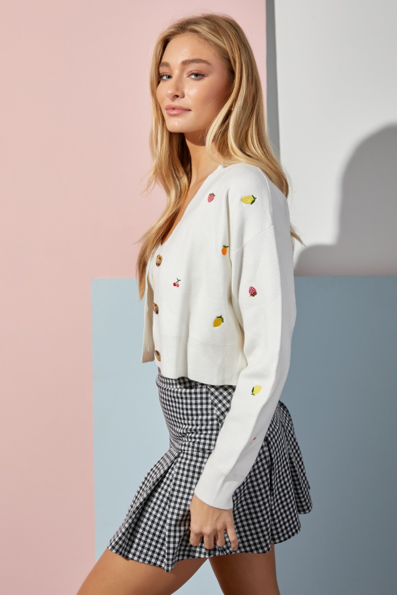 Fruit Embroidered Knit Button Up Top