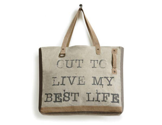 Life Is Short Up-cycled and Re-cycled Canvas Tote/Shoulder Bag/Weekender with Vegan Leather Trim